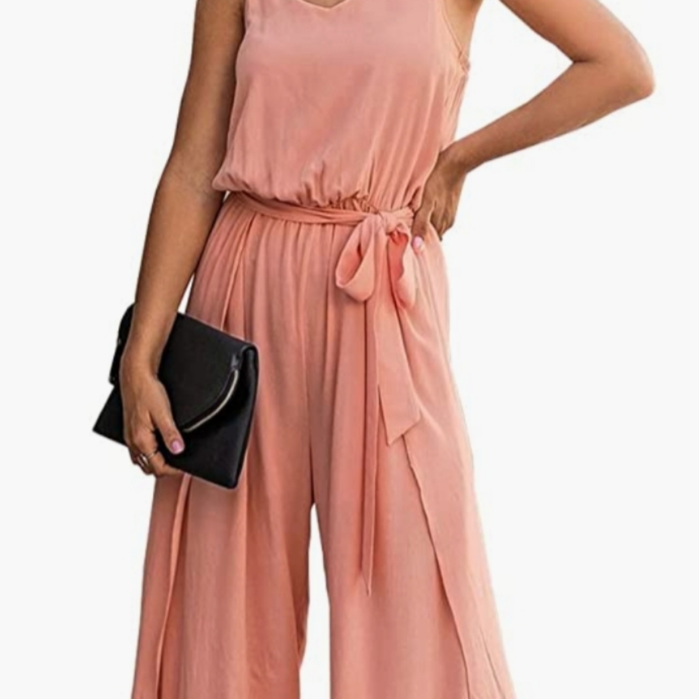 ⭐ HP ⭐ Blush Pink Split Wide Leg Spaghetti Strap Chiffon Cute Trendy Jumpsuit - Picture 8 of 10